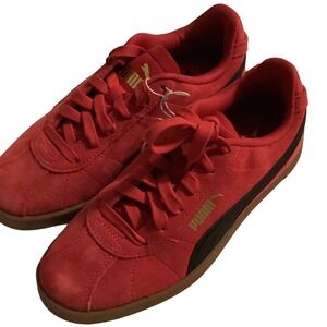 Puma Suede Red Black Gum Low Top Sneakers Gold Logo Youth 4.5